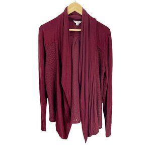 Lucky Lotus Burgundy Cardigan Sweater Sz L Mesh Waterfall Open Front Long Sleeve